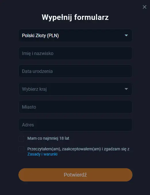 Wprowadź imię, nazwisko, datę urodzenia, wybierz walutę i kraj oraz zatwierdź dwie wymagane zgody