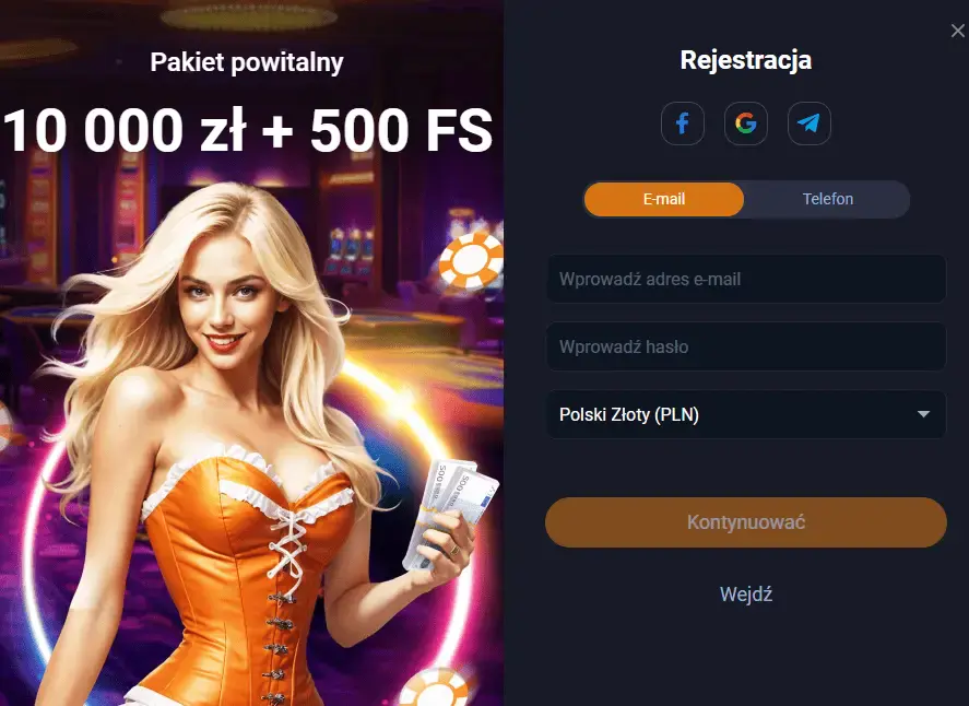 Wybierz rejestrację przez formularz, Google, Facebook lub Telegramu